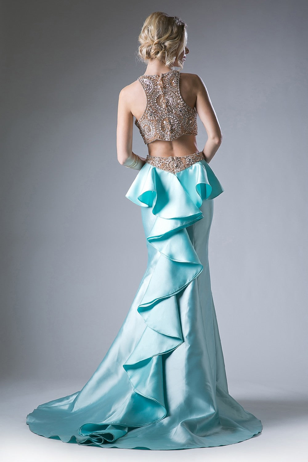 Beaded Satin 2 Piece Mermaid Prom & Bridesmaid Gown Sequin Luxury Evening Gala Night Halter Bodice Ruffled Mermaid Fit Skirt CD5045 Elsy Style Prom Dress
