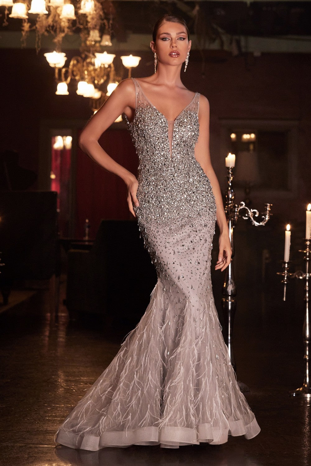 Beaded Sexy Gala Prom & Bridesmaid mermaid Gown Deep V-neck Plunging Sexy Open Back Bodice Ruffled Evening Sexy Formal Dress CDB718 Elsy Style Prom Dress