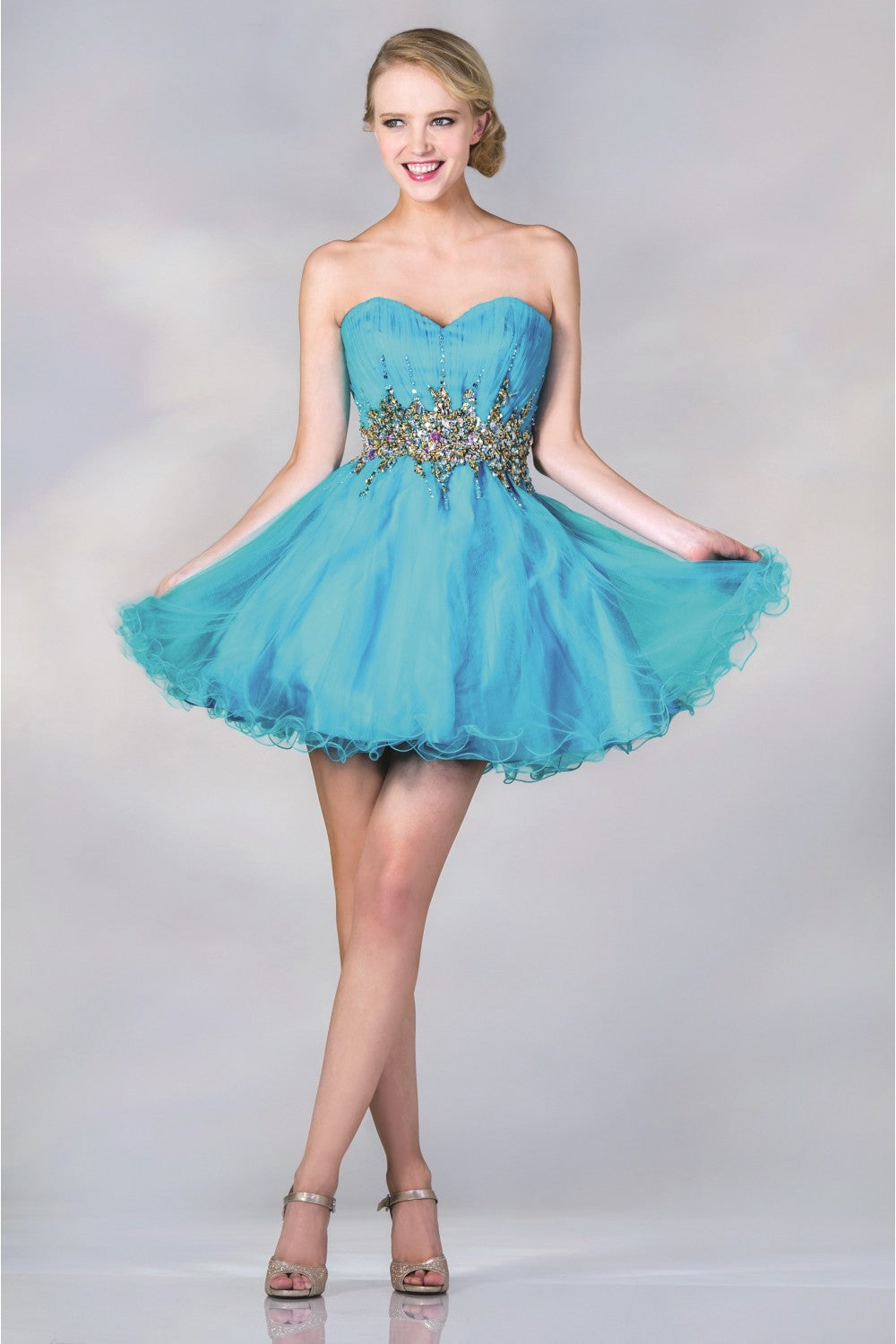 Beaded Strapless Sleeveless Sweetheart Bodice Tulle Short Prom & Homecoming Dress Accented with Jewel Embellished Waistline CDJC870 Elsy Style Homecoming Dress