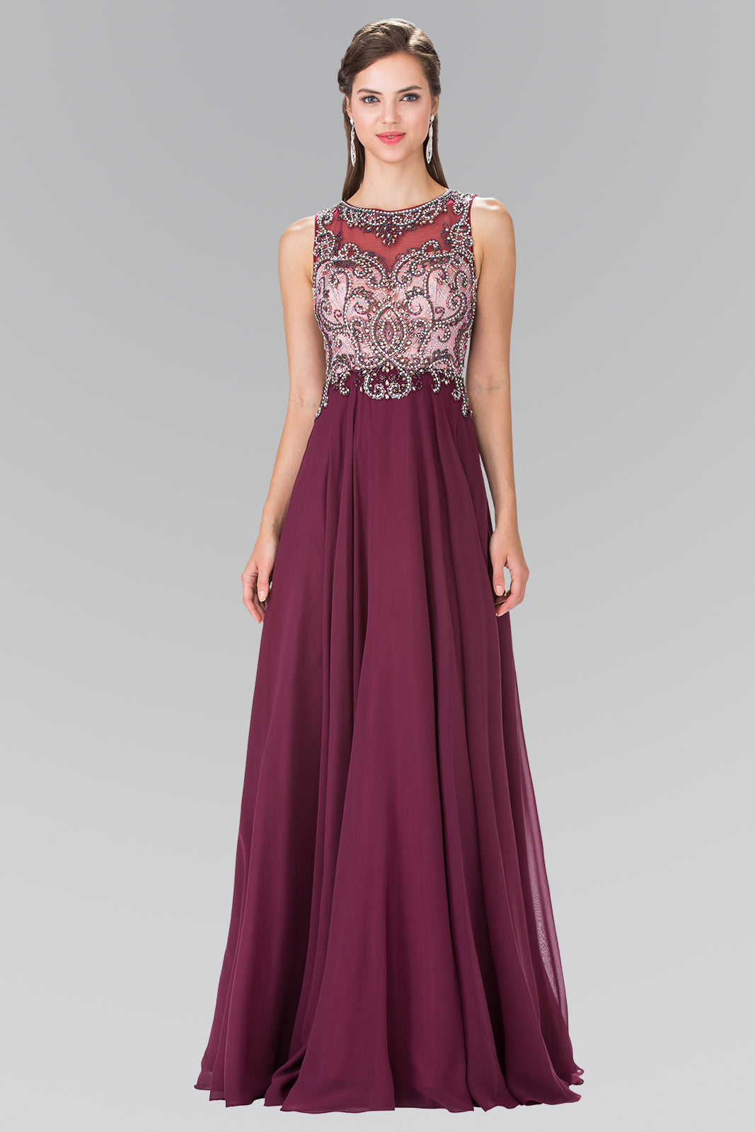 Beaded Top Chiffon Long Dress with Open Back GLGL2273 Elsy Style PROM