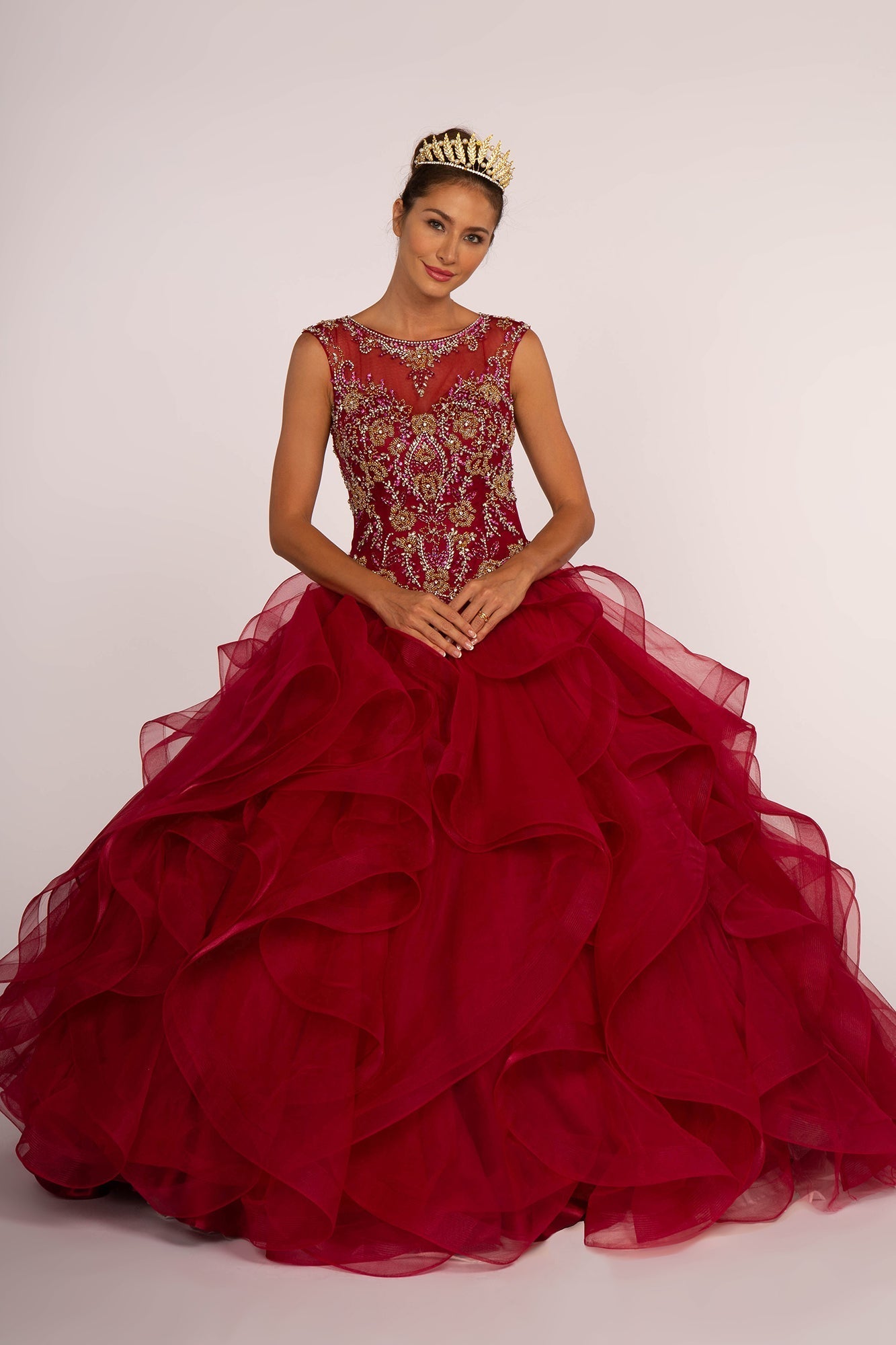 Beads Embellished Bodice Tulle Ball Gown Multi-Layered Ruffle Skirt GLGL2511 Elsy Style QUINCEANERA
