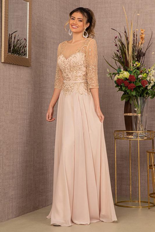 Beads Embellished Embroidered Chiffon A-line Dress 3/4 Sleeves GLGL3066 Elsy Style MOTHER OF BRIDE