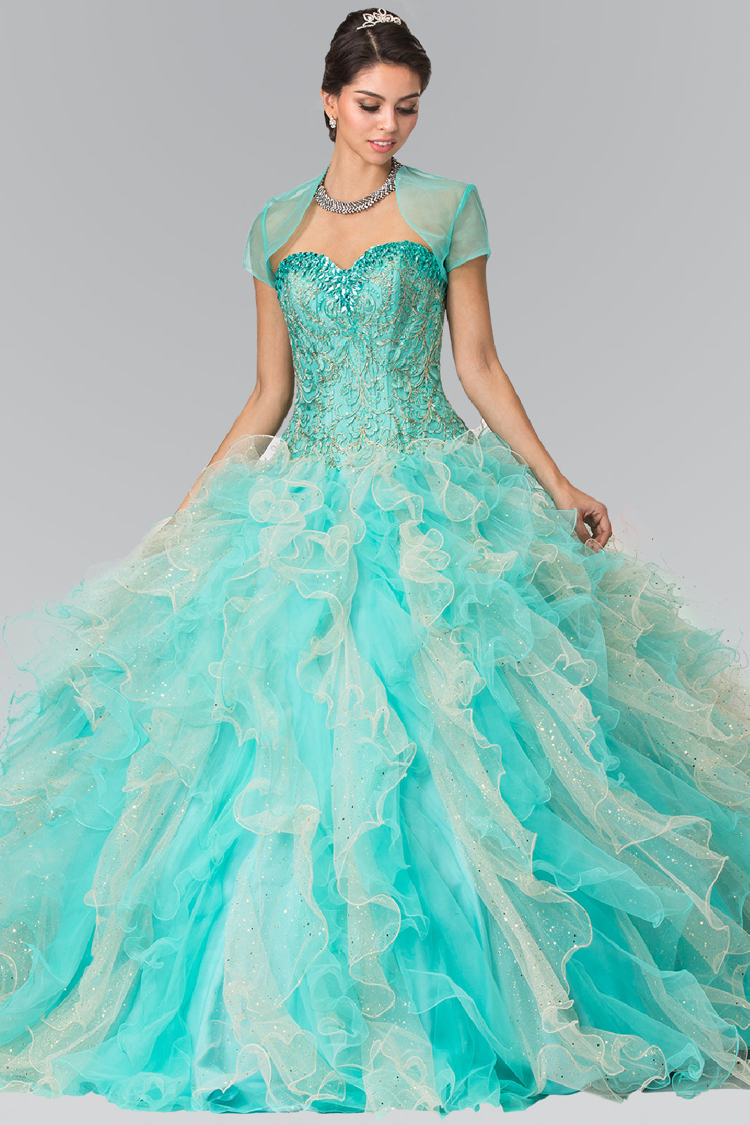 Beads Embellished Embroidery Tulle Quinceneara Dress with Bolero GLGL2210 Elsy Style QUINCEANERA