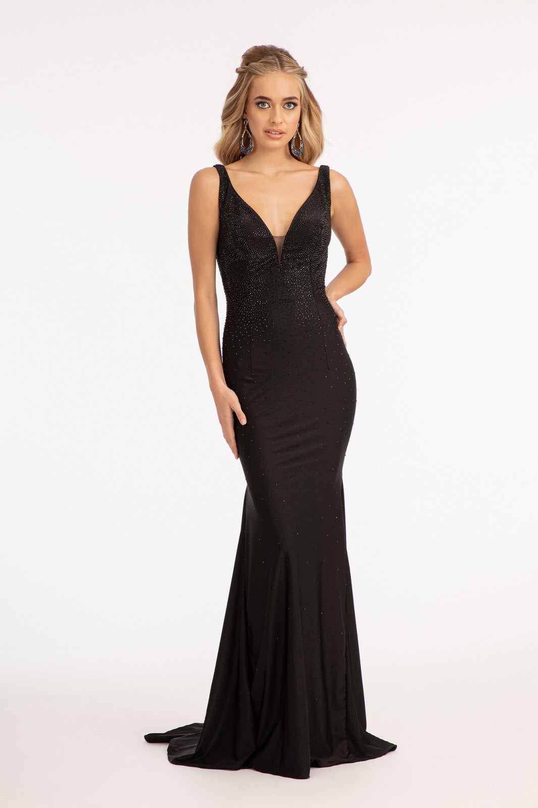 Beads Embellished Jersey Mermaid Dress Open Back and Sheer Sides GLGL3037 Elsy Style PROM