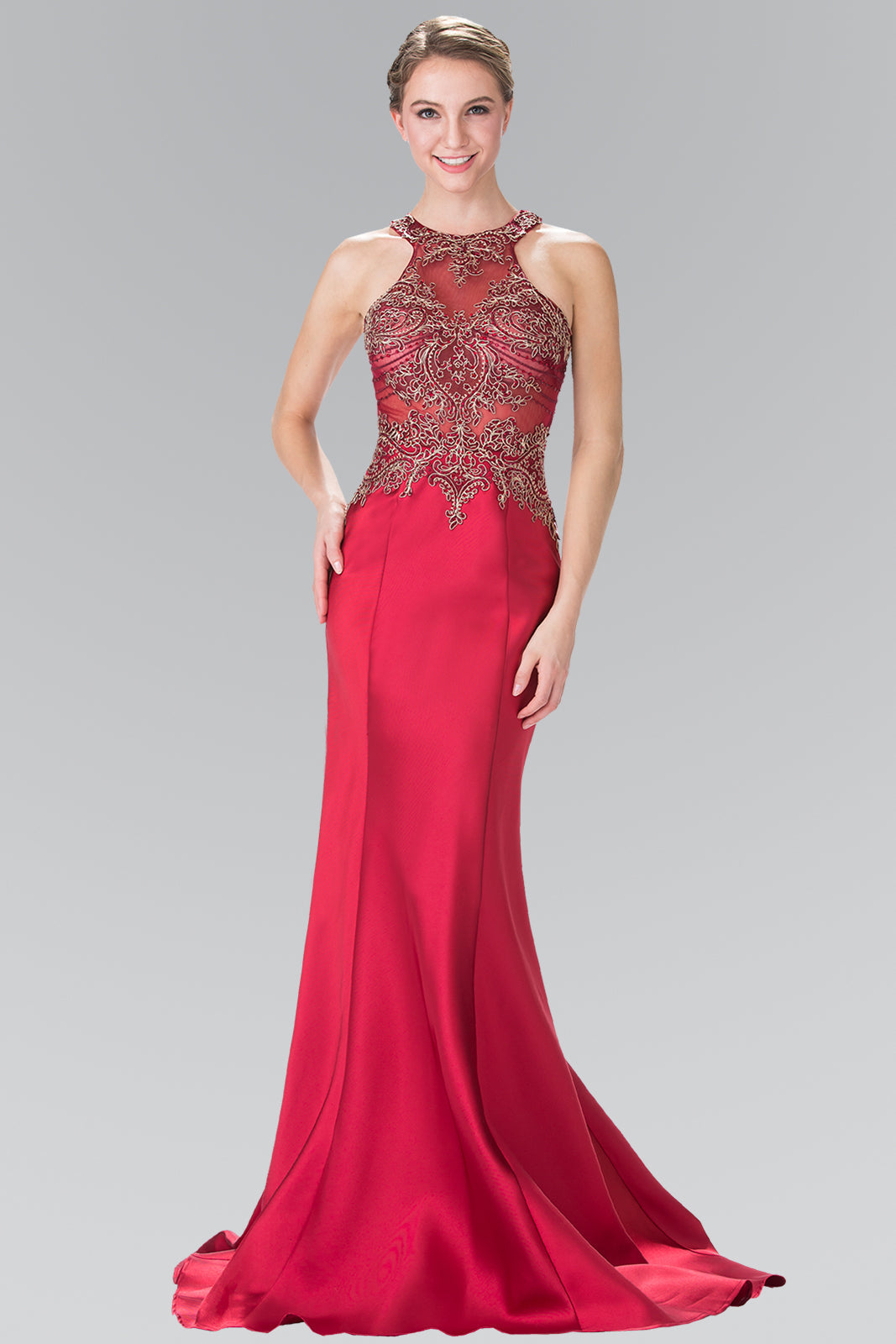 Beads and Embroidery Embellished Sheer Bodice Jersey Long Dress GLGL2325 Elsy Style PROM