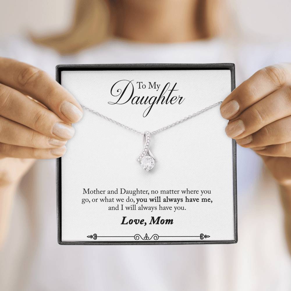 CARD#40-Mother_to_daughter_final_second_text 18K White Gold Plated Ribbon Love Necklace made with  Crystals Elsy Style Jewelry
