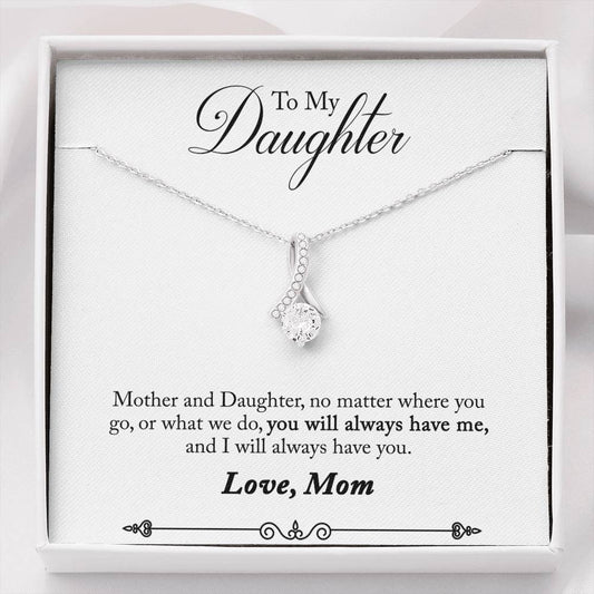 CARD#40-Mother_to_daughter_final_second_text 18K White Gold Plated Ribbon Love Necklace made with  Crystals Elsy Style Jewelry