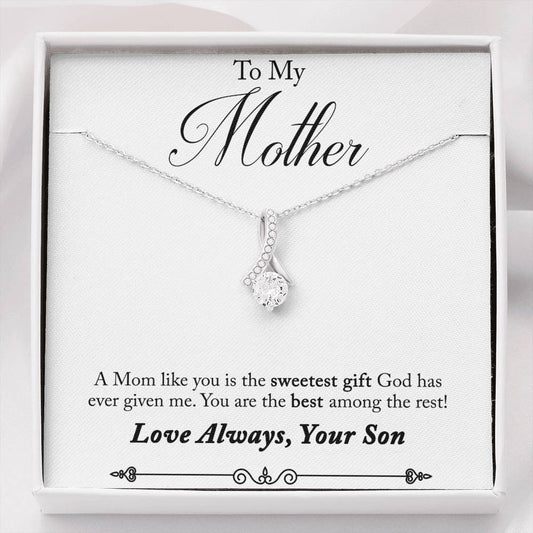 CARD#50-Son_to_mother_first_text 18K White Gold Plated Ribbon Love Necklace made with  Crystals Elsy Style Jewelry