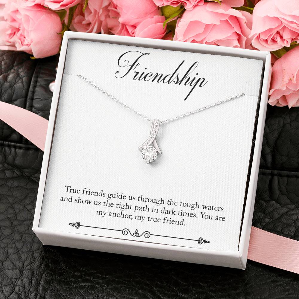 CARD#70-Friendship 18K White Gold Plated Ribbon Love Necklace made with  Crystals Elsy Style Jewelry