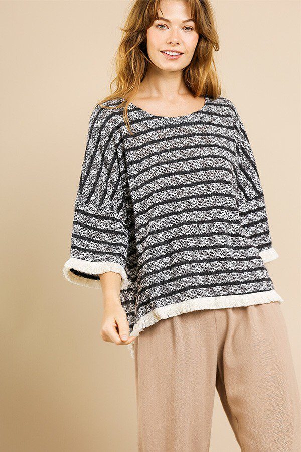 Heathered Striped Knit Bell Sleeve Round Neck Top S