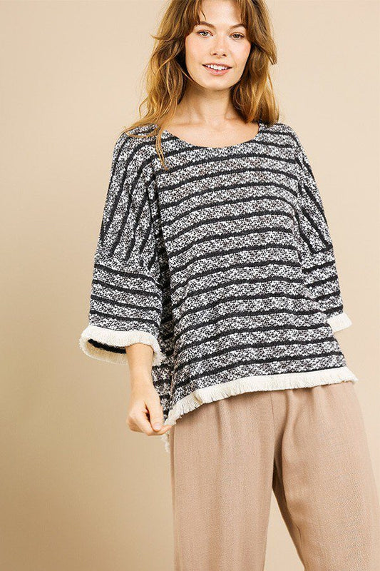 Heathered Striped Knit Bell Sleeve Round Neck Top S