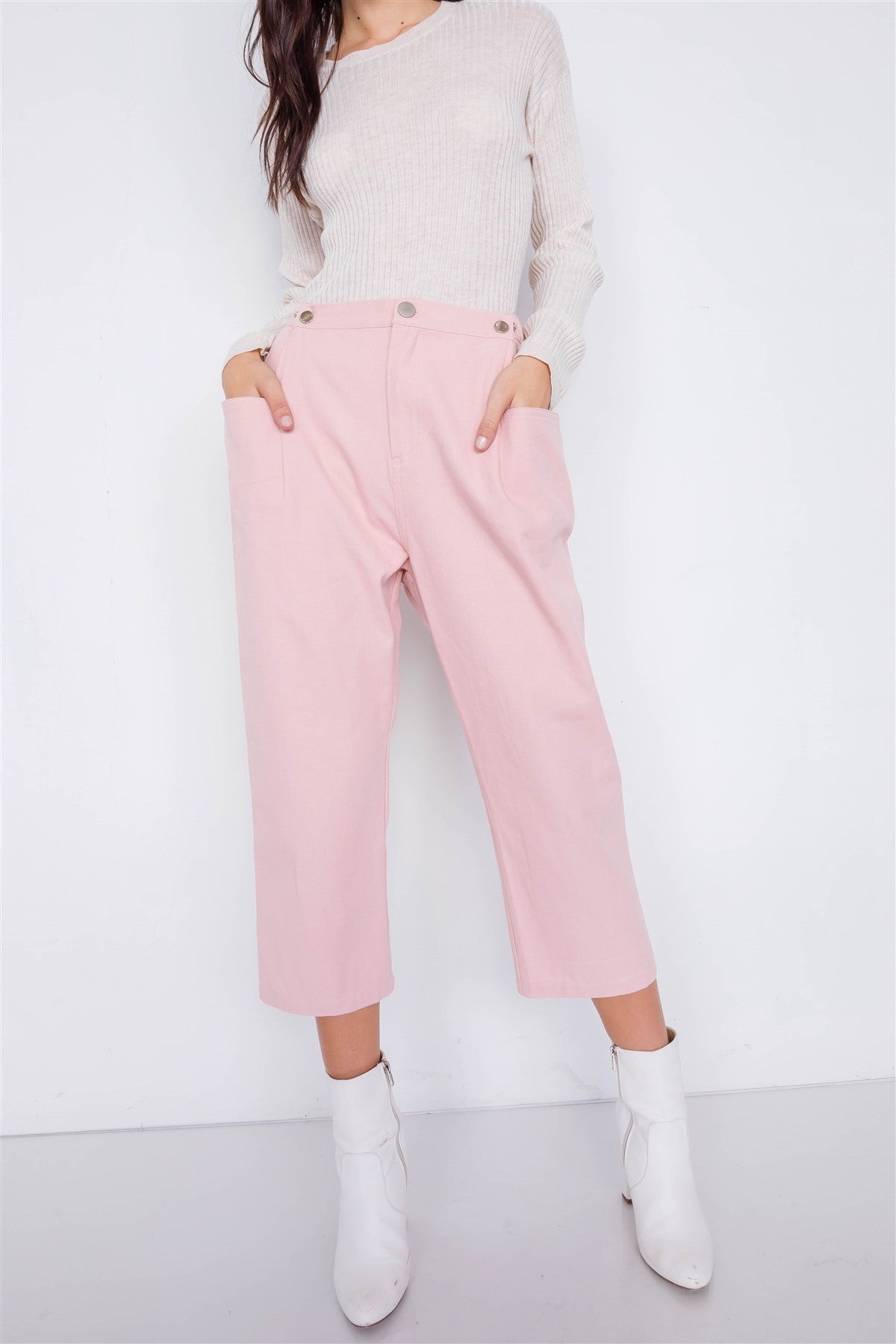 Pastel Chic Solid Ankle Wide Leg Adjustable Snap Waist Pants L