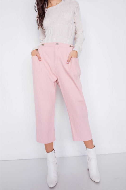 Pastel Chic Solid Ankle Wide Leg Adjustable Snap Waist Pants L