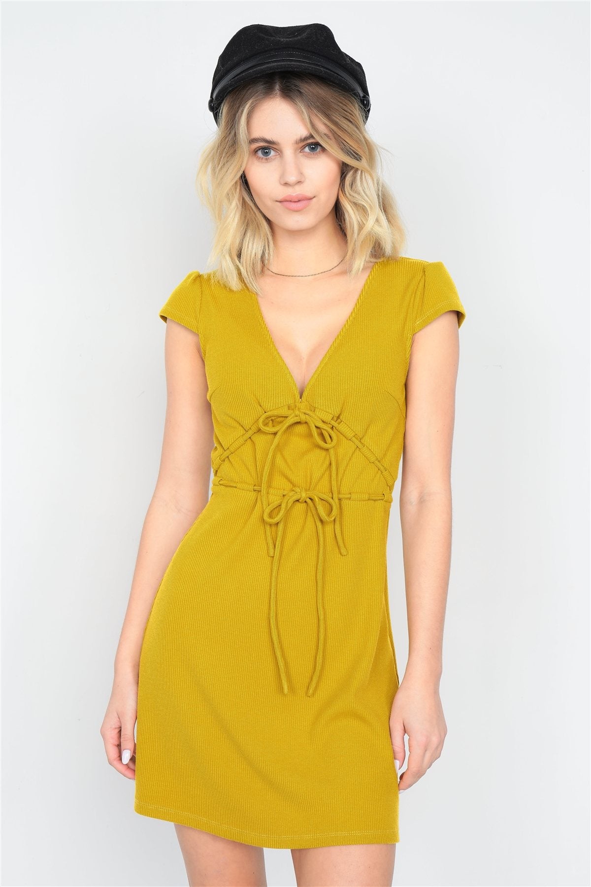Mustard Ribbed V-neck Cap Sleeve Mini Solid Casual Dress L