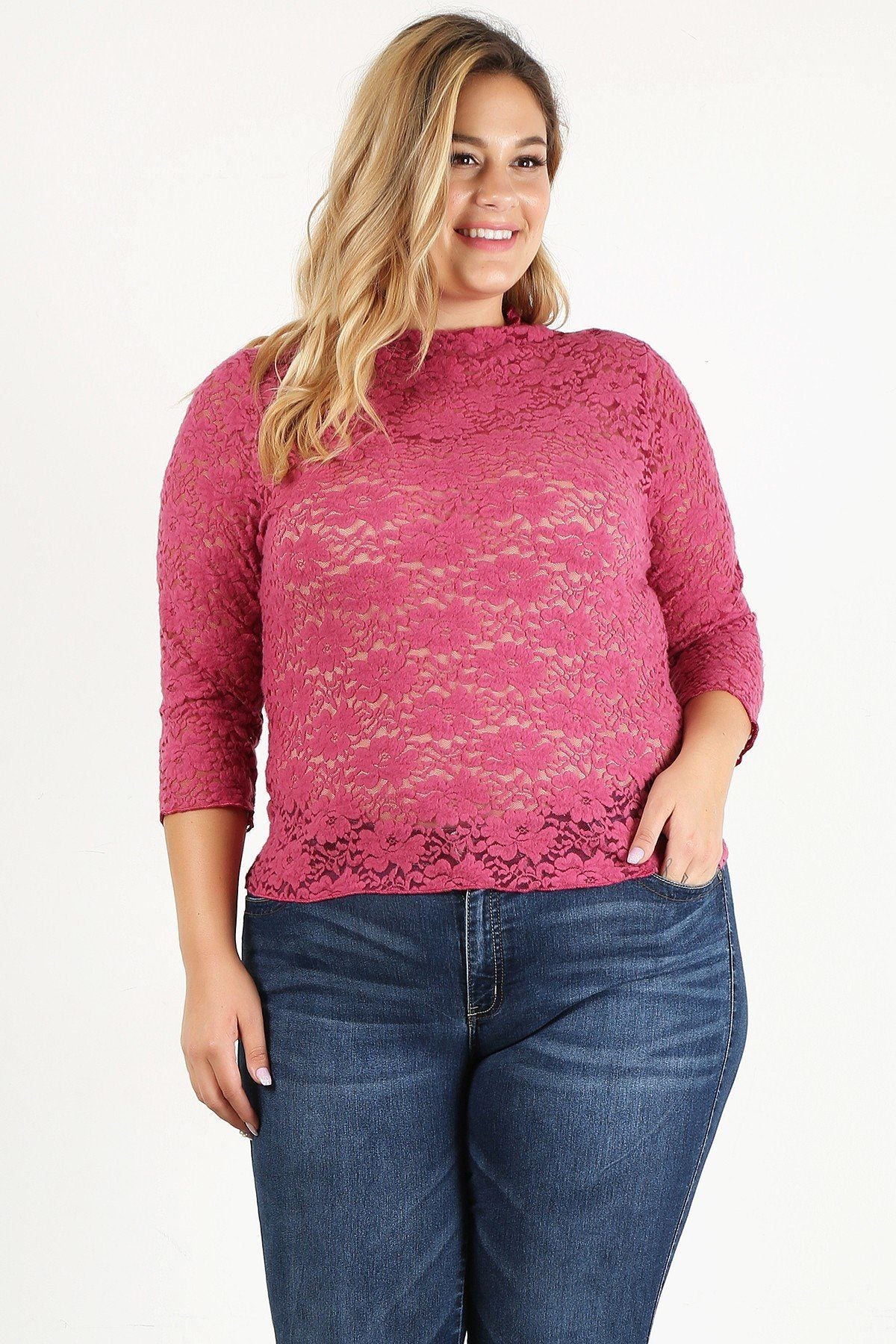Plus Size Sheer Lace Fitted Top 3XL