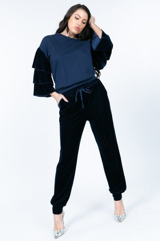 Tiered Velvet Ruffle Sleeve Pullover Crewneck Top L