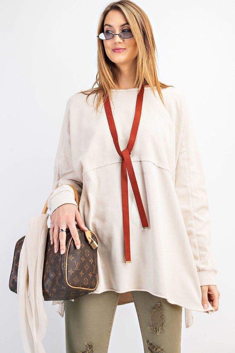 Terry Knit Upside Down Detailing Side Slits Pullover Tunic L