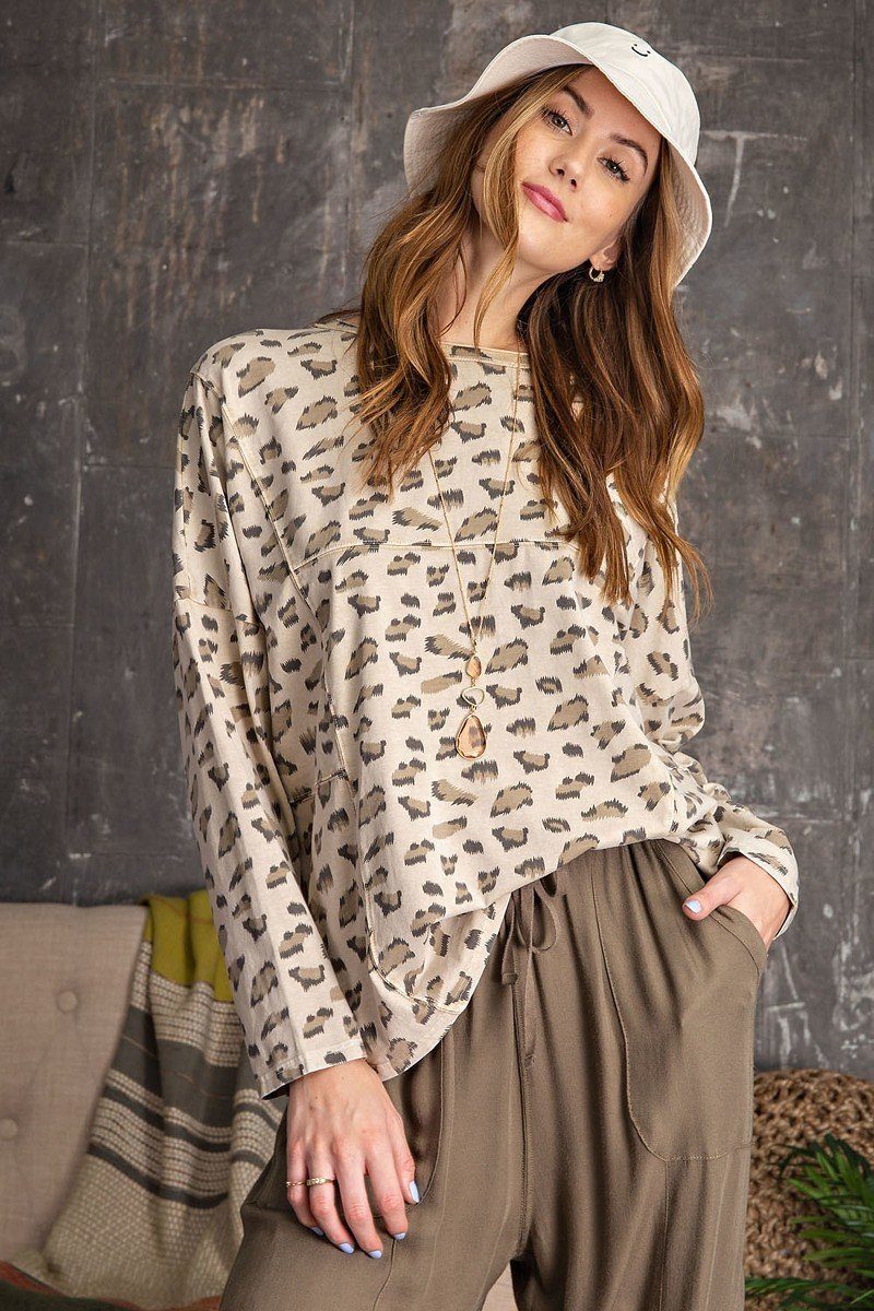 Leopard Printed Garment Dye Loose Fit Knit Top L