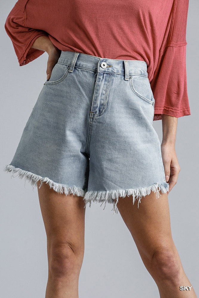 High Rise Denim Shorts With Raw Hem 9