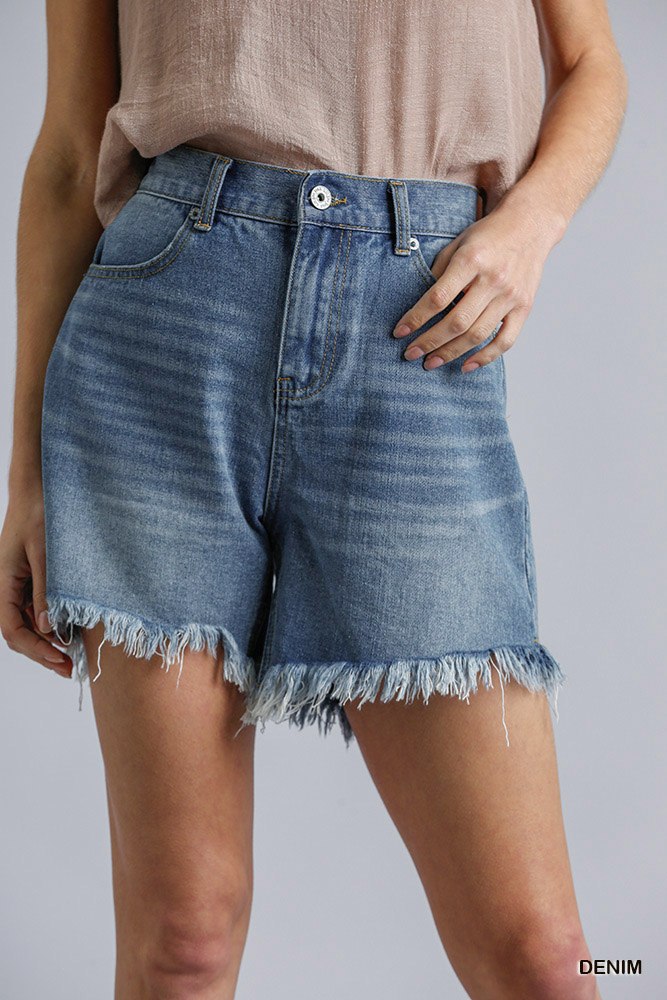 High Rise Denim Shorts With Raw Hem 9