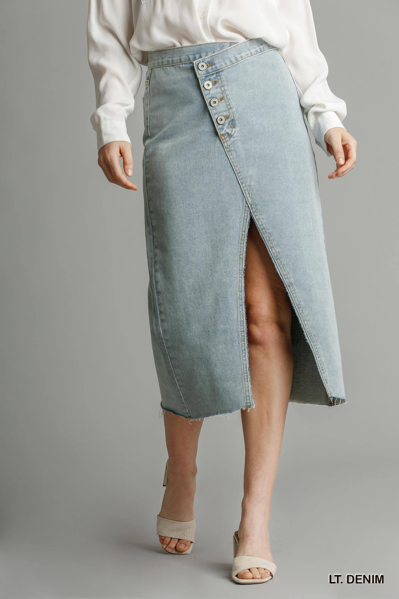 Asymmetrical Waist And Button Up Front Split Denim Skirt With Back Pockets And Unfinished Hem L