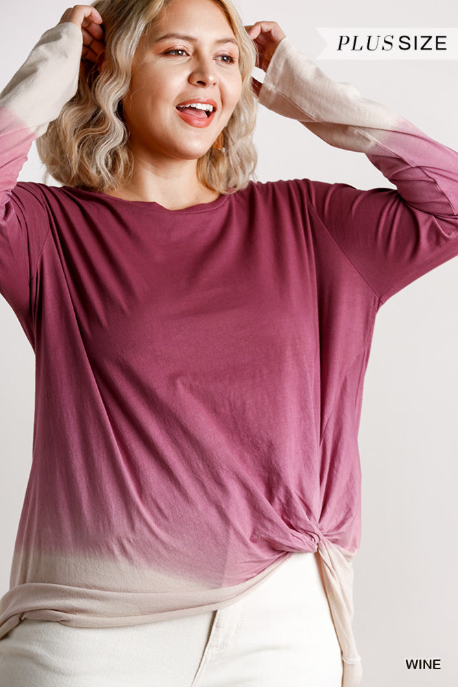Ombre Print Long Sleeve Top With Gathered Front Detail And Raw Hem XL