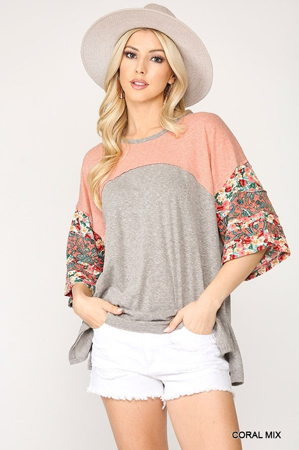 Colorblock Knit And Floral Print Mixed Top With Dolman Sleeve L