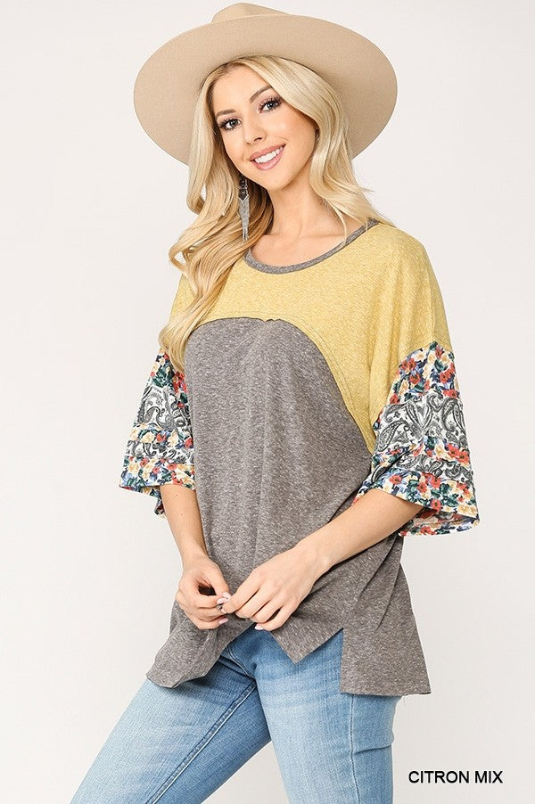 Colorblock Knit And Floral Print Mixed Top With Dolman Sleeve L