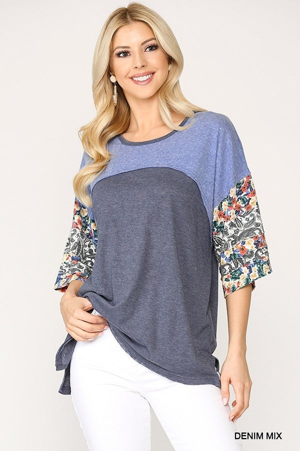 Colorblock Knit And Floral Print Mixed Top With Dolman Sleeve L