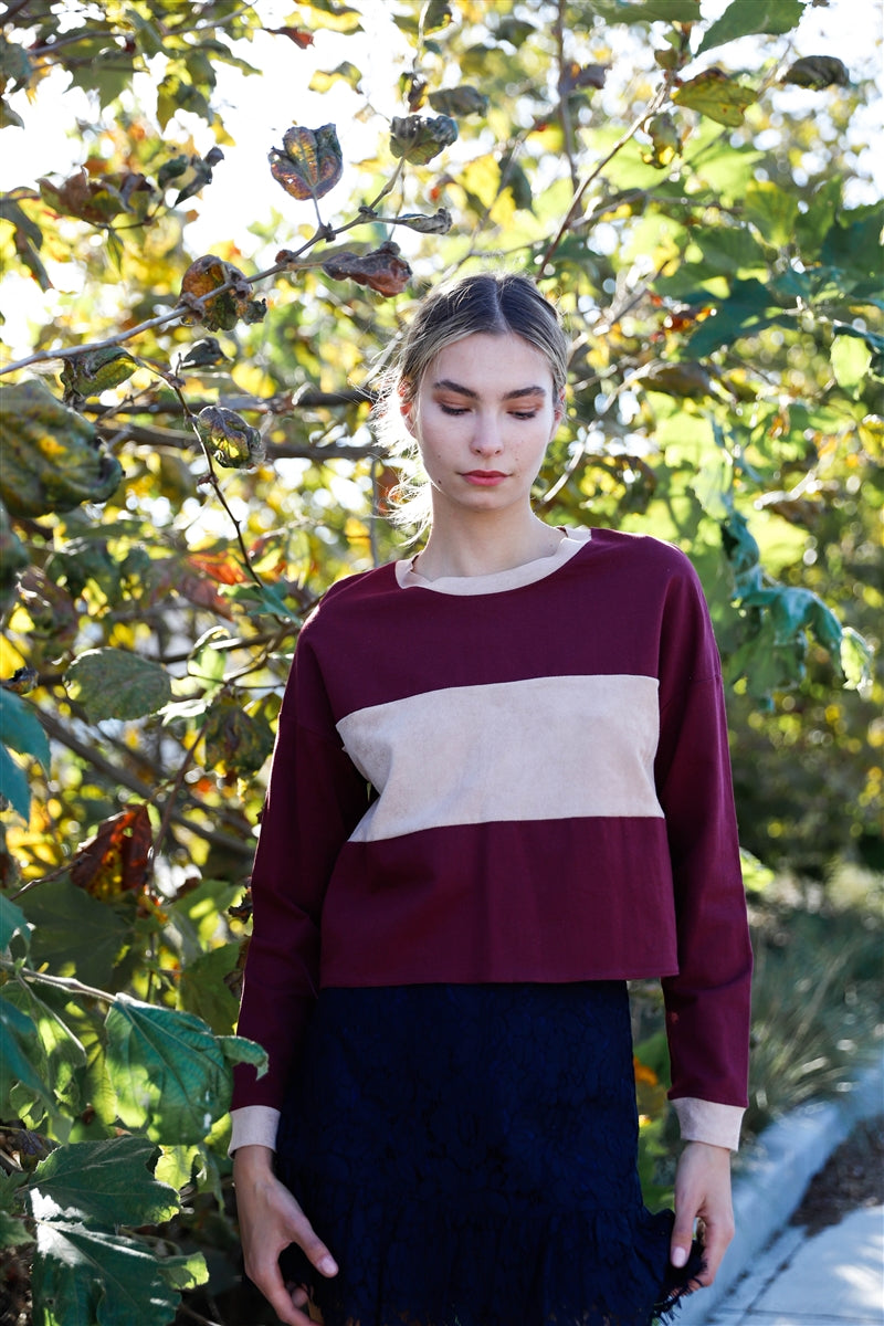 Burgundy Colorblock Long Sleeve Crop Top M