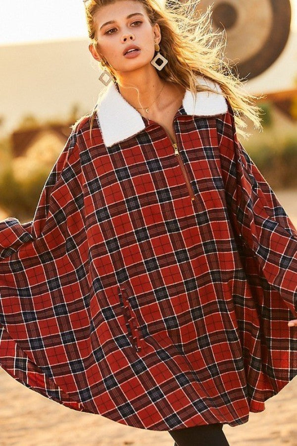 Mock Neck With Zipper Contrast Inside Front Pocket Plaid Poncho M