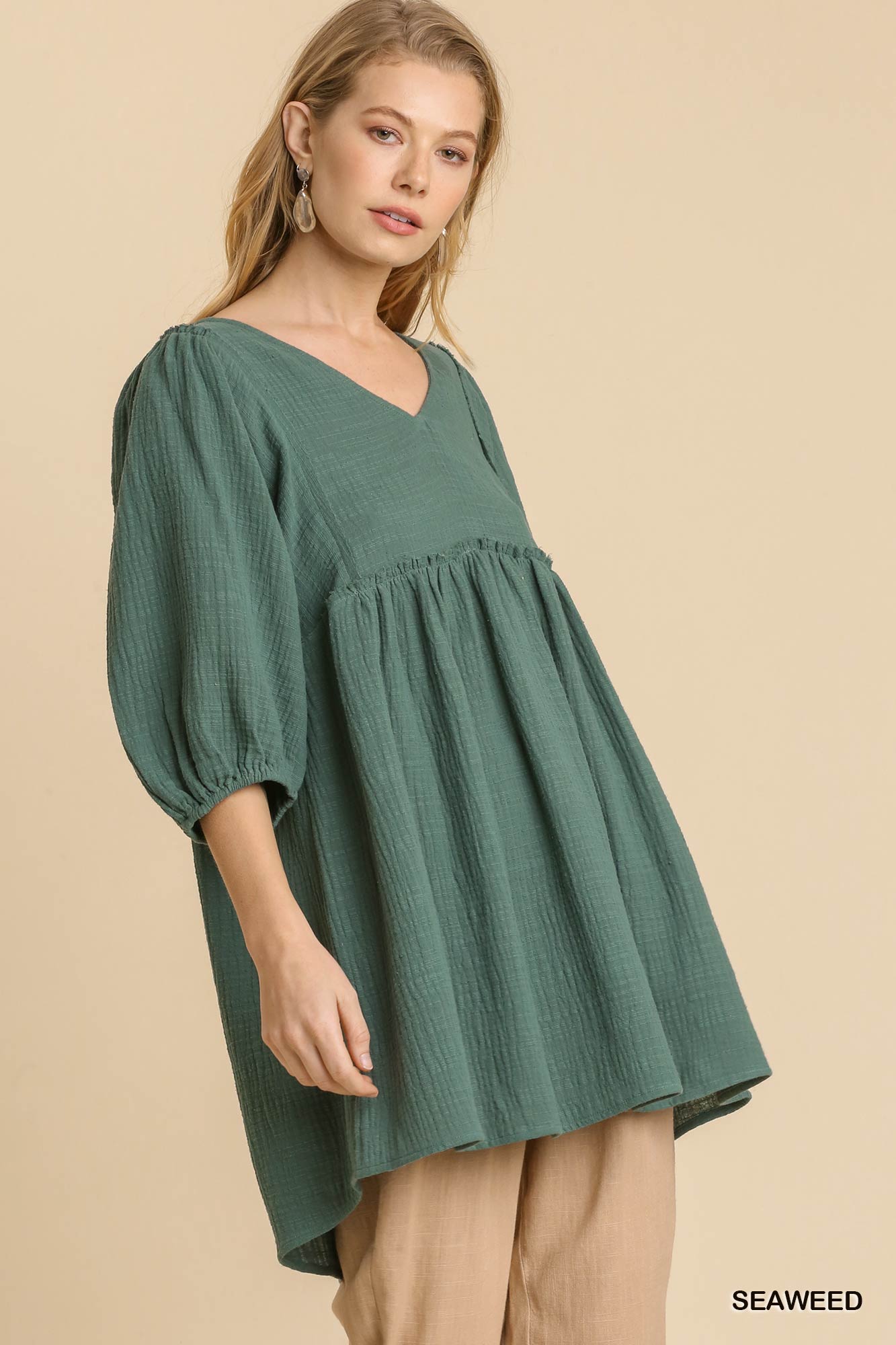 Gauze Slub V-neck Frayed Edge Detail Tunic Dress M