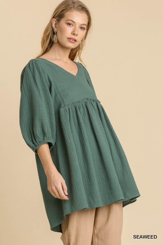 Gauze Slub V-neck Frayed Edge Detail Tunic Dress M