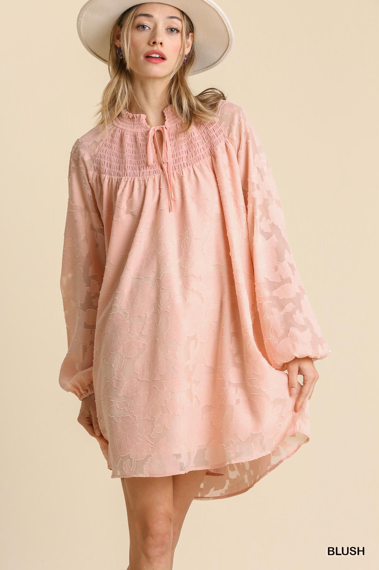 Jacquard Raglan Smocked Tie Neck Yoke Dress M