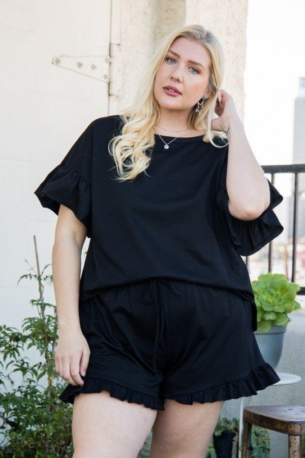 Round Neck Ruffle Sleeve Side Slit French Terry Top 3XL