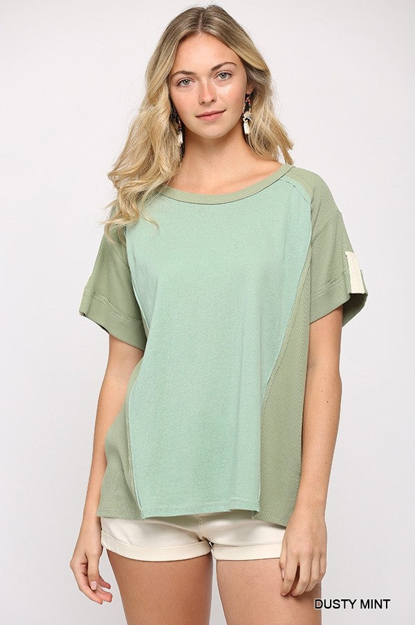 Ribbed And Solid Mixed Raw Edge Top L