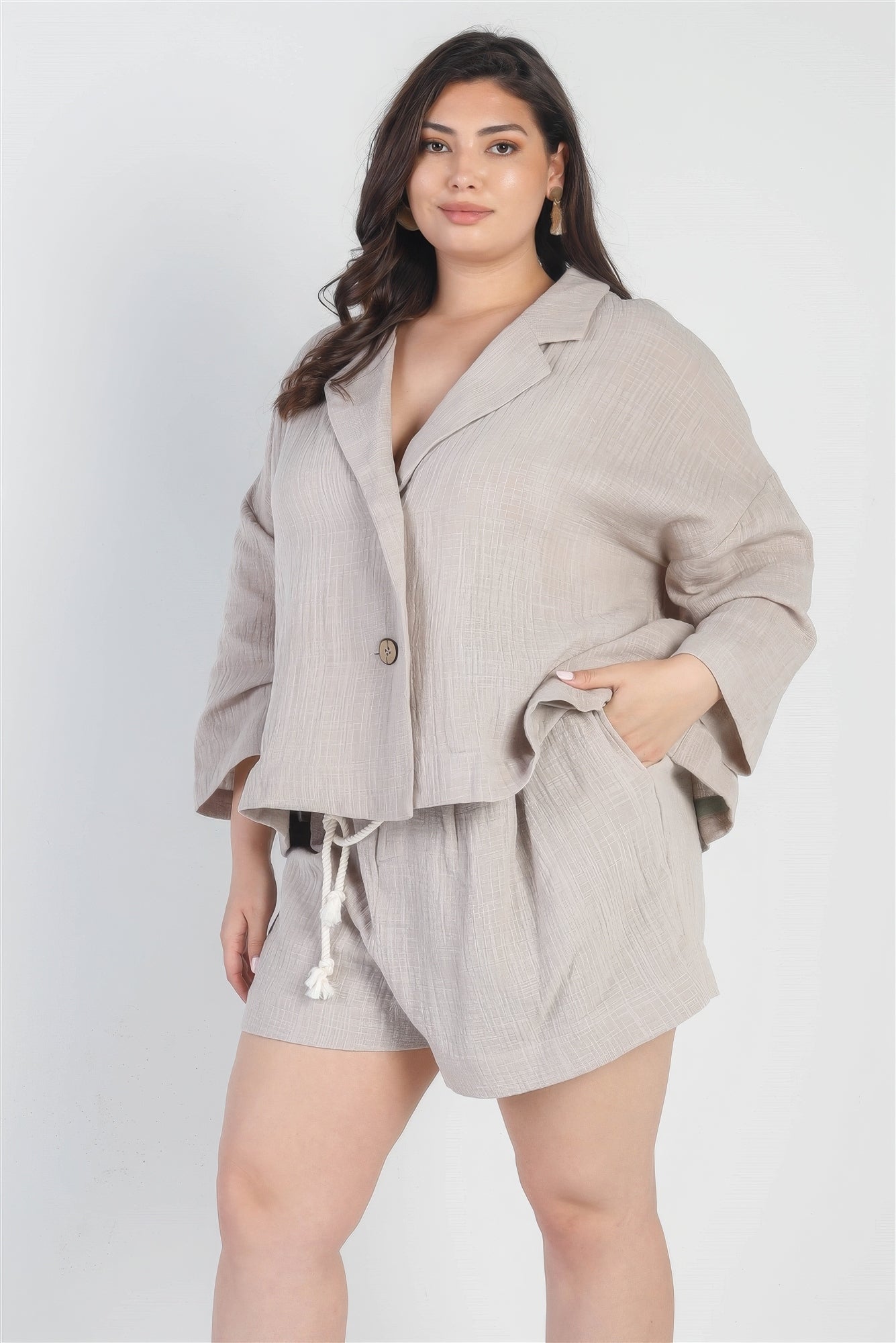 Plus Grey Button-up Collared Neck Blazer High Waist Shorts Set 3XL