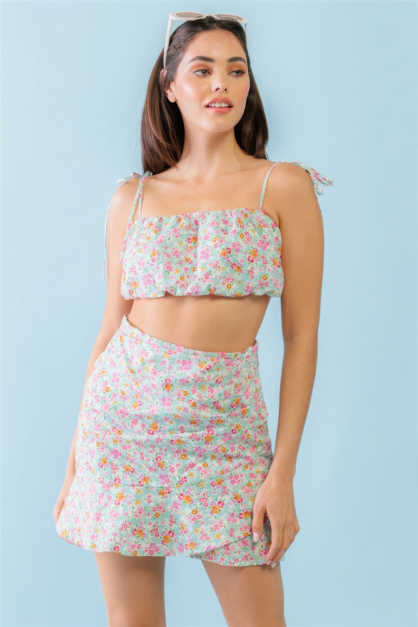 Mint Fuchsia Print Cotton Sleeveless Strappy Crop Top & High Waist Wrap Hem Mini Skirt Set L