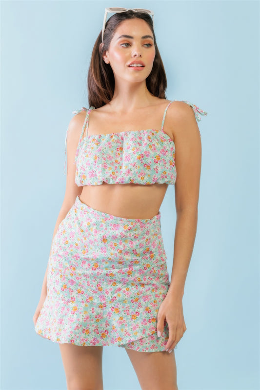 Mint Fuchsia Print Cotton Sleeveless Strappy Crop Top & High Waist Wrap Hem Mini Skirt Set L