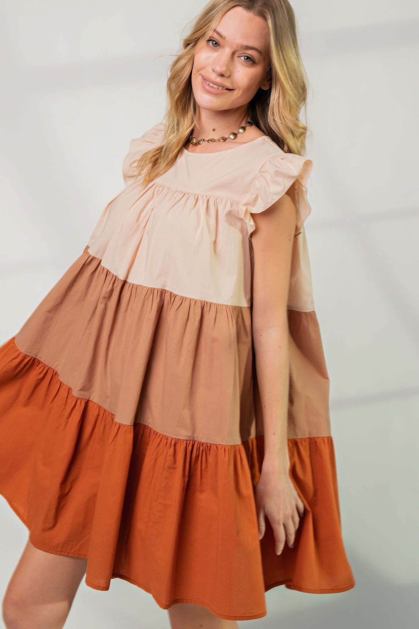 Poplin Tiered Color Block Dress L