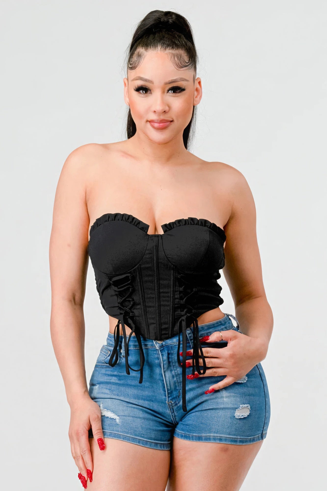 Luxe sweetheart ruffled drawstring lace bustier top L