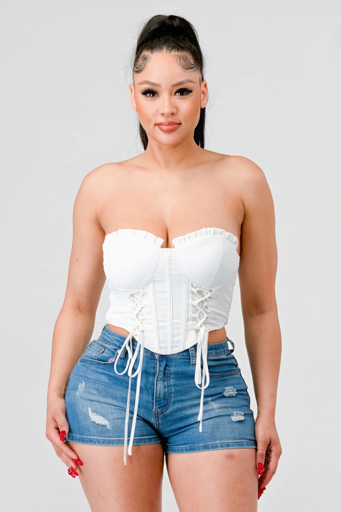 Luxe sweetheart ruffled drawstring lace bustier top L
