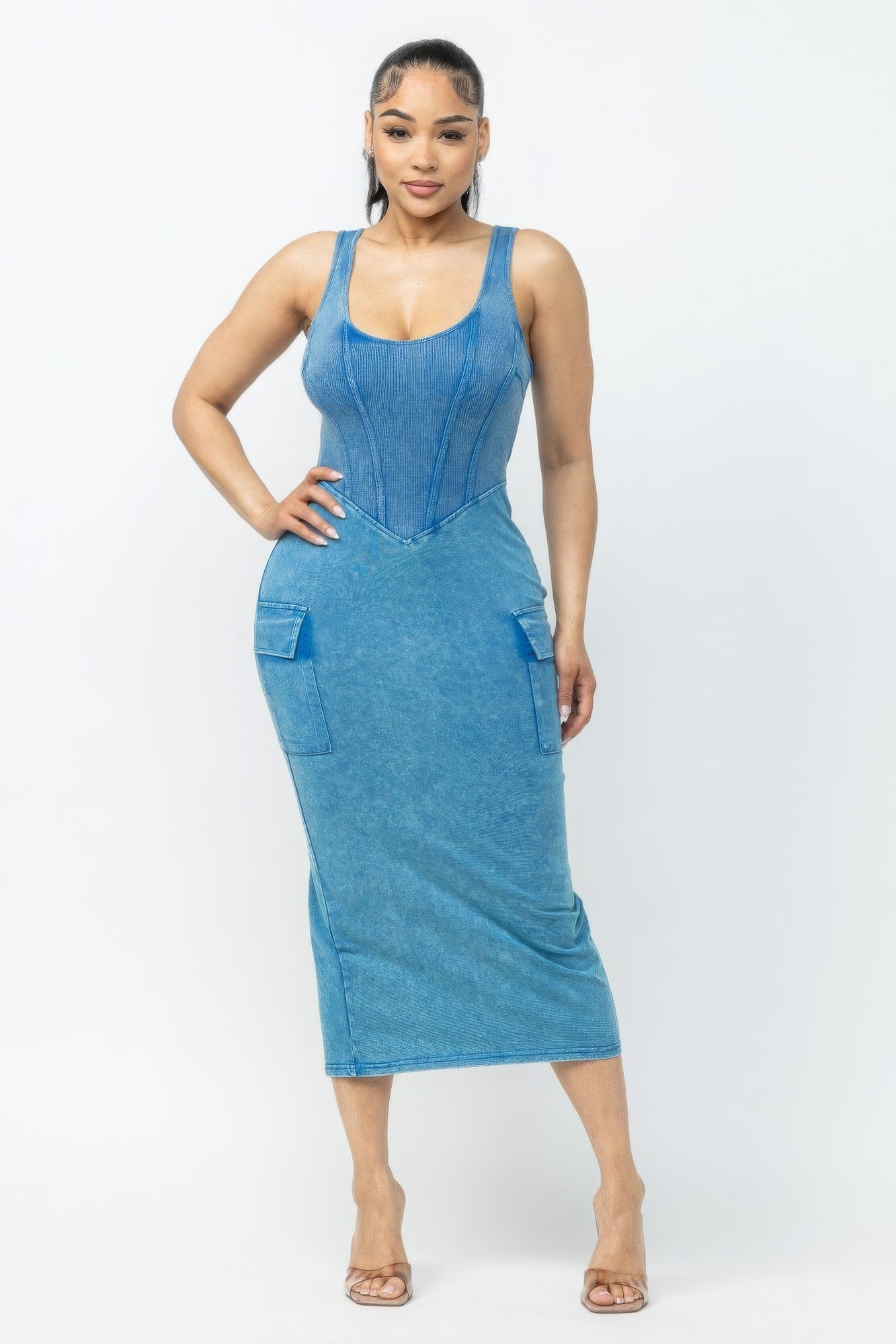 Acid Washed Cargo Midi Dress L