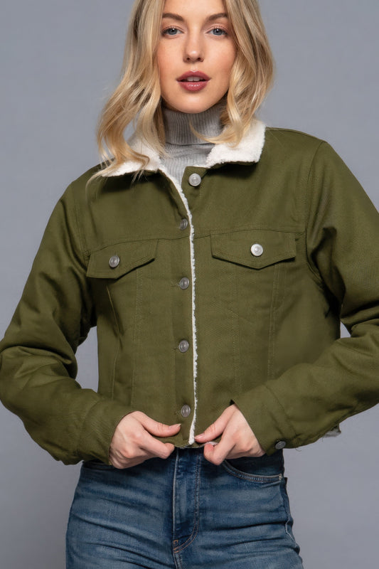 Button Closure Sherpa-lined Twill Jacket L