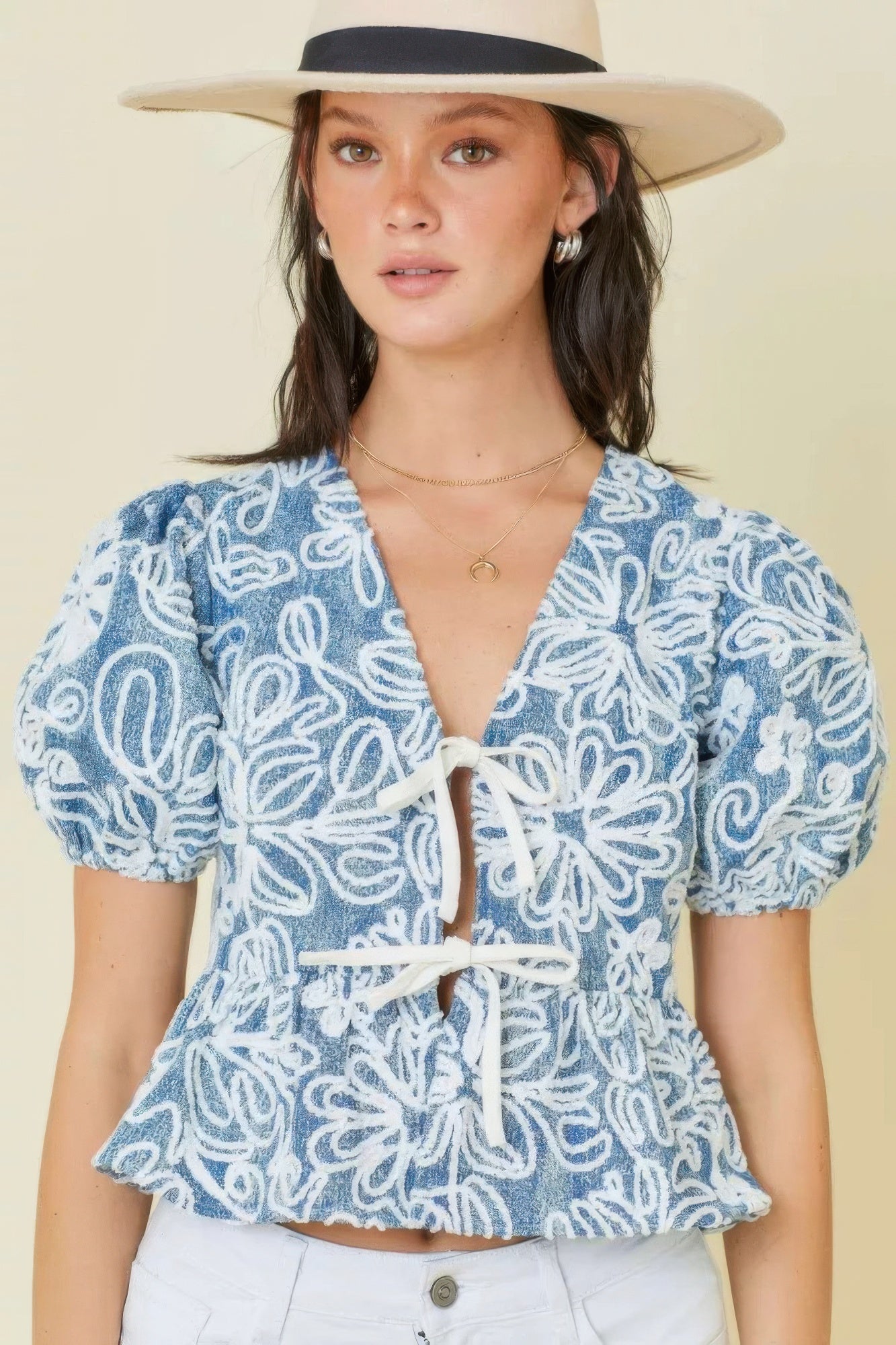 Denim Embroidered Crop Top With Front Tie Detail L