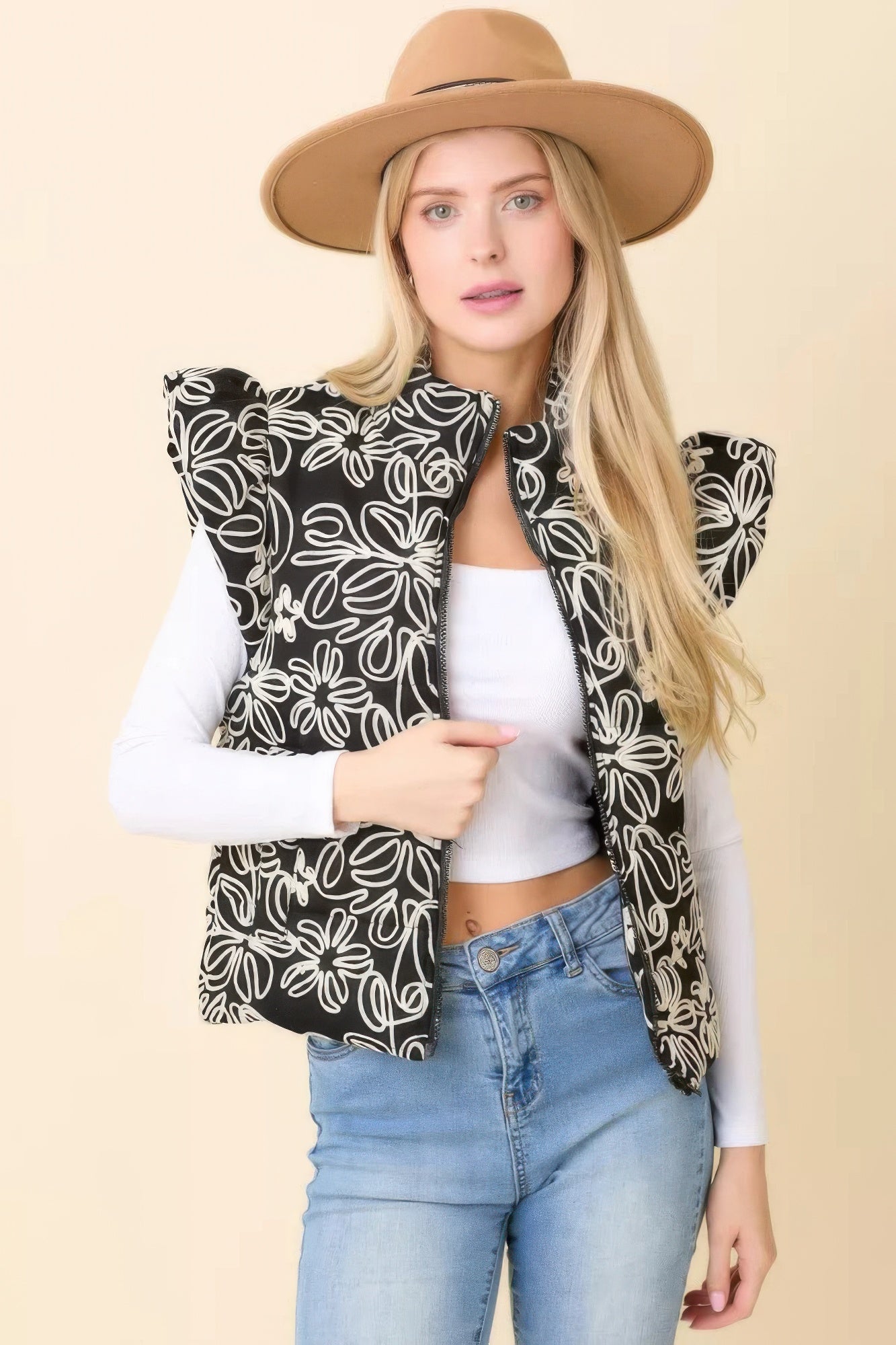 Floral Velvet Embroidered Denim Puffer Vest L