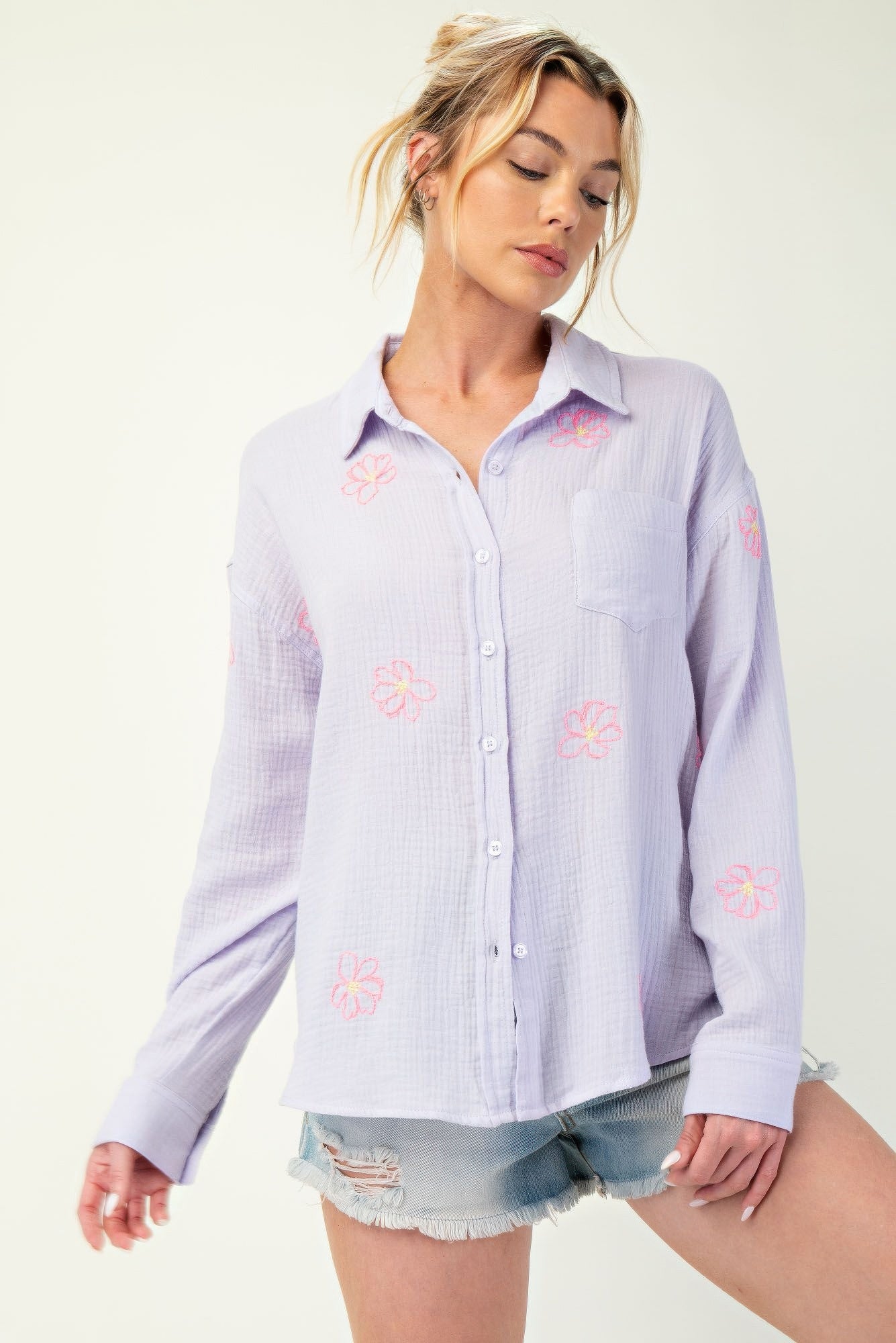 Embo detailed cotton gauze button down shirt L