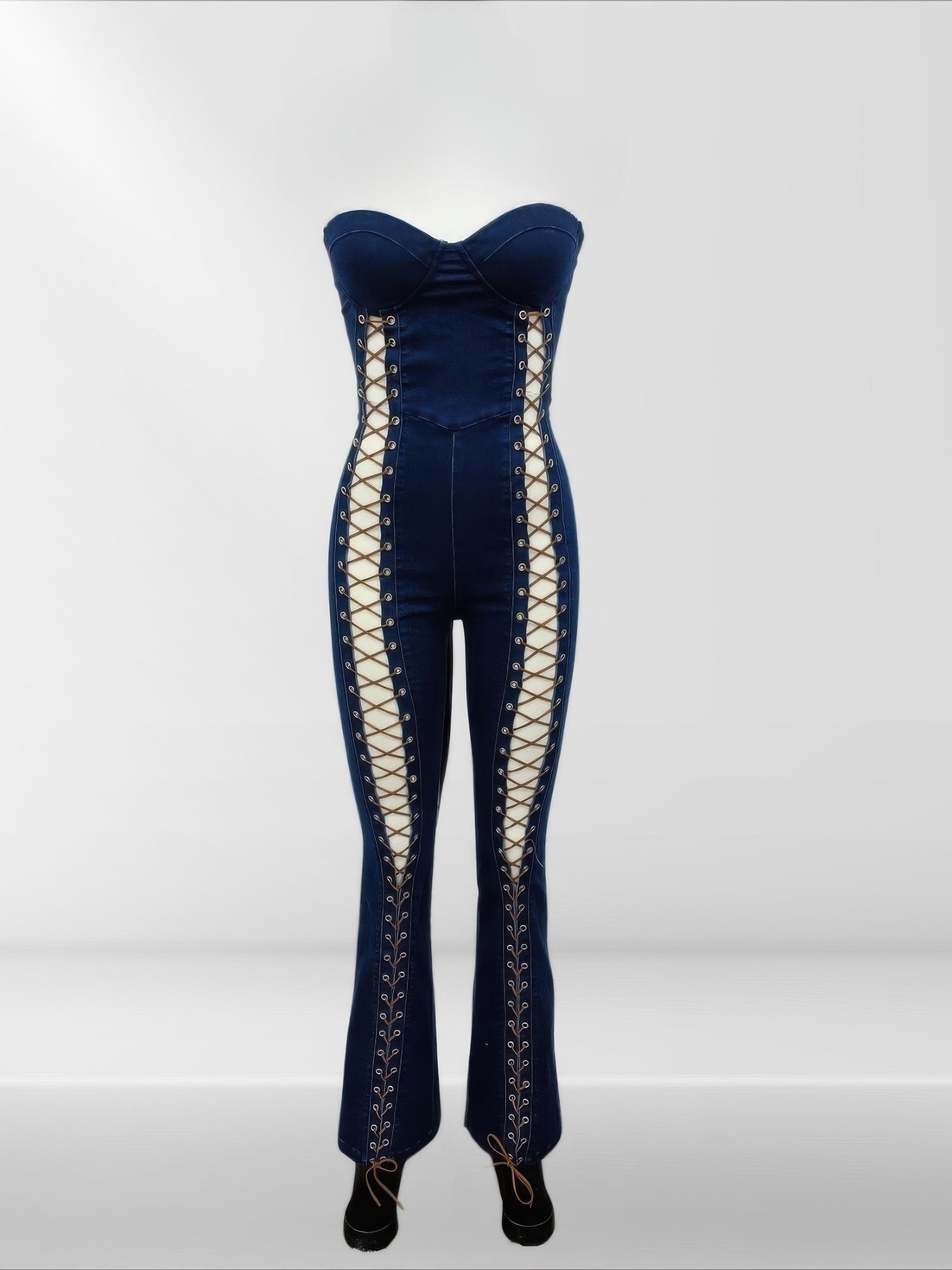 Lace Up Detail Denim Jumpsuit