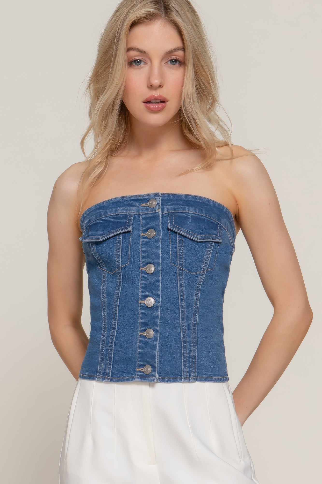 Button Down Placket Stretch Denim Tube Top L