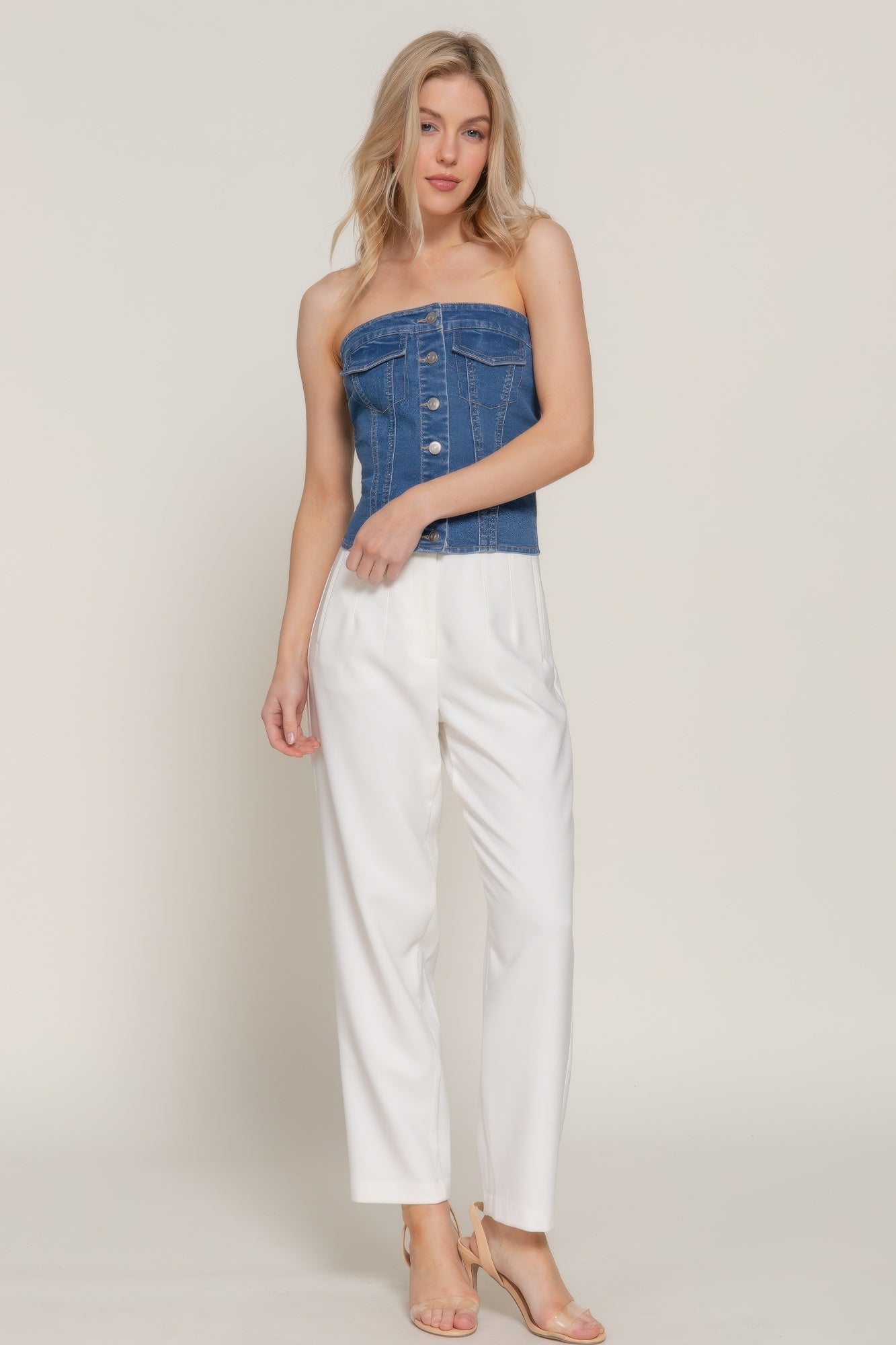 Button Down Placket Stretch Denim Tube Top